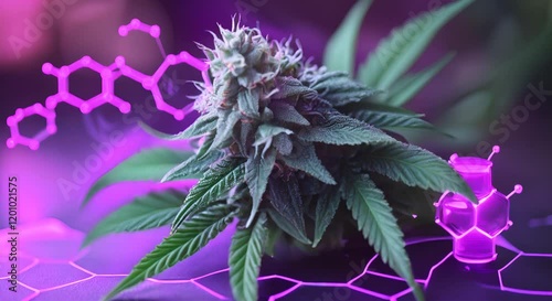 Close-up of cannabis plant with molecular graphics, highlighting its scientific aspects.