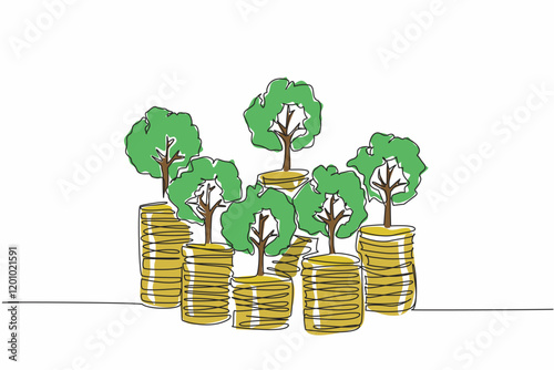 Single one line drawing some stacks of coins with trees. Symbol of investment. Investment rather than wasteful behavior. National Financial Awareness Day. Continuous line design graphic illustration