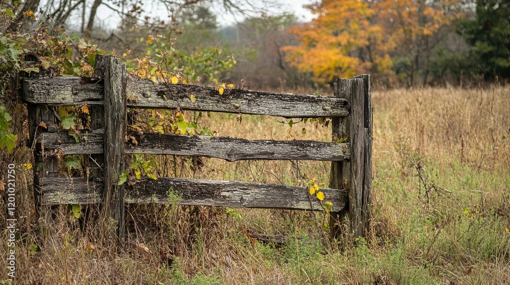 Old wooden fence overgrown with foliage in tall grass. Old wooden fence overgrown with foliage in tall grass.
