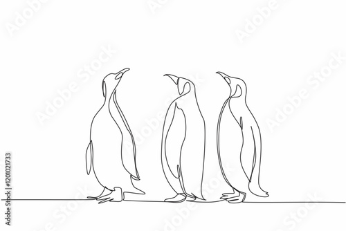 Single one line drawing three adult penguins standing. Observing the surrounding area. Avoiding danger. Looking for food. The emperor. World Penguin Day. Continuous line design graphic illustration