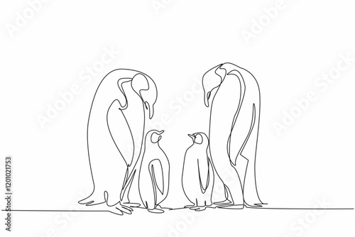 Single continuous line drawing two adult penguins standing facing each other and two chicks. The discussion of the emperors. Summer migration. World Penguin Day. One line design vector illustration