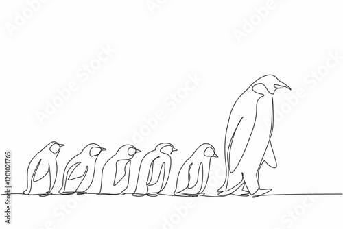 Single one line drawing 1 adult penguin walking in front of 5 baby penguins walking behind him. Animals that like to colonize. Migration. World Penguin Day. Continuous line design graphic illustration