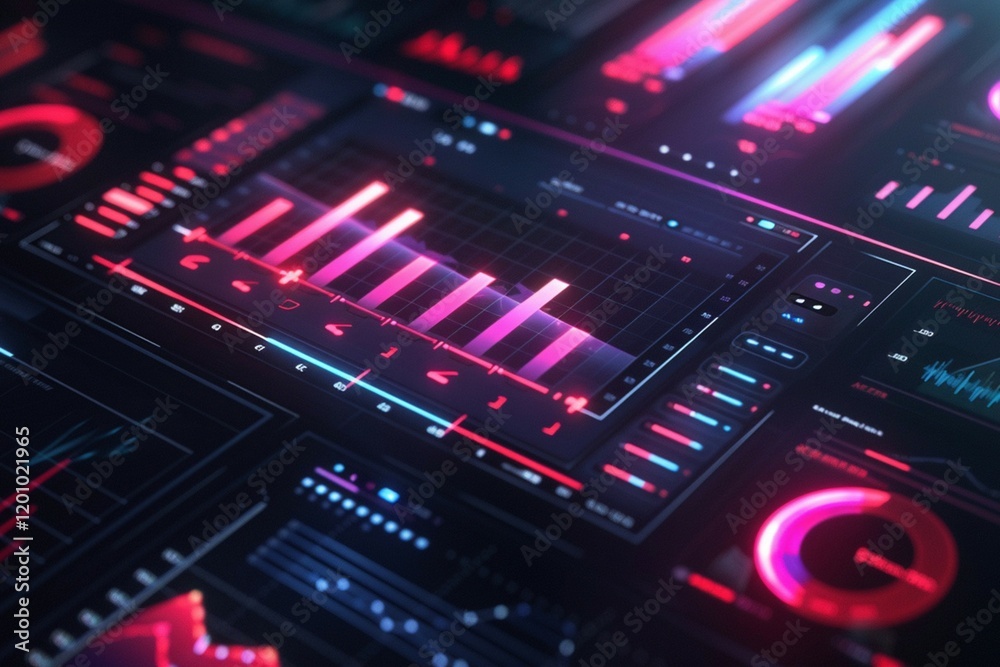 Digital dashboard displaying futuristic analytics and graphs in vivid neon shades.