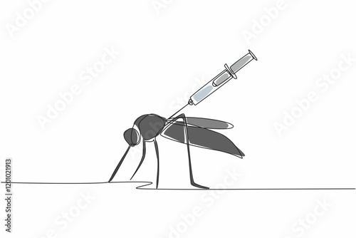 Single one line drawing syringe injection that injects large mosquitoes. Malaria can be prevented by vaccines. Stop with healthy living. World Malaria Day. Continuous line design graphic illustration