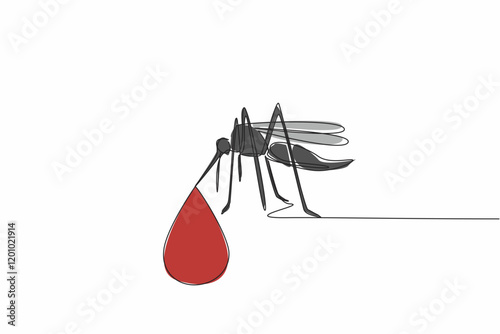 Single continuous line drawing mosquitoes that have drops of blood at the tip of their suckers. Diseases transmitted by mosquito bites. Health. World Malaria Day. One line design vector illustration