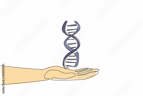 Continuous one line drawing DNA symbol on open palm. Submitting a blood sample for paternity testing. Researchers carry out tasks. Gene. National DNA Day. Single line draw design vector illustration