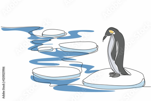 Continuous one line drawing penguin standing on ice. Melting polar ice is dangerous for animals. Warming earth is dangerous for habitats. World Penguin Day. Single line draw design vector illustration