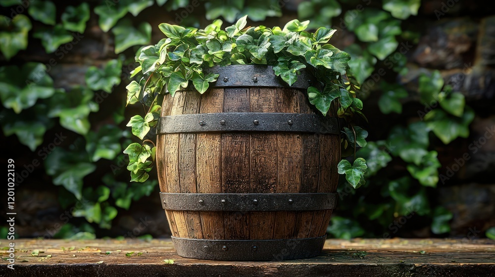 Fototapeta premium Ivy-draped barrel, stone wall backdrop, garden planter