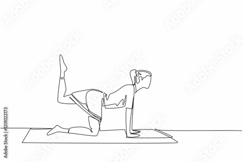 Single one line drawing woman exercising on a training mat doing movements with elastic strap. An exercise that has many benefits. Love Your Thighs Day. Continuous line design graphic illustration