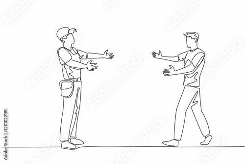 Single one line drawing the man wants to hug a male plumber. Warm thank you. Fix in a flash. Hard working professional. Embrace. National Hug A Plumber Day. Continuous line design graphic illustration