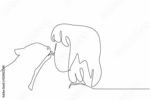 Continuous one line drawing cat licking girls nose. A gesture of gratitude from animals to humans. Communication without words. National Kids and Pets Day. Single line draw design vector illustration