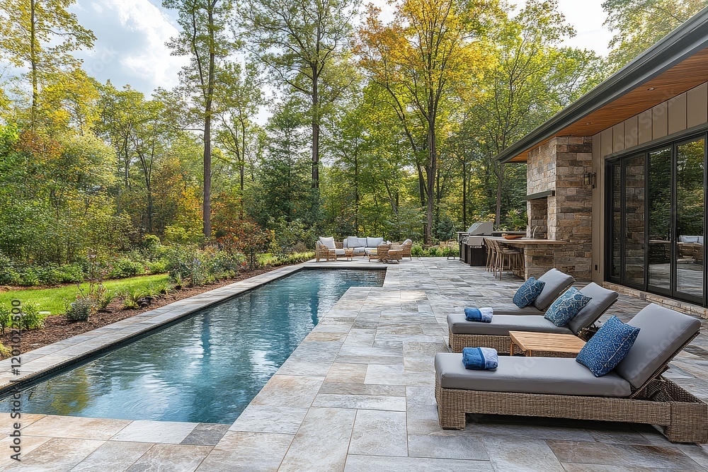 Outdoor dining area with lawn chairs, island table, and pool view. Relaxing summer setting with barbecue grill and lounge chairs. Outdoor dining area with lawn chairs, island table, and pool view. Relaxing summer setting with barbecue grill and lounge chairs.