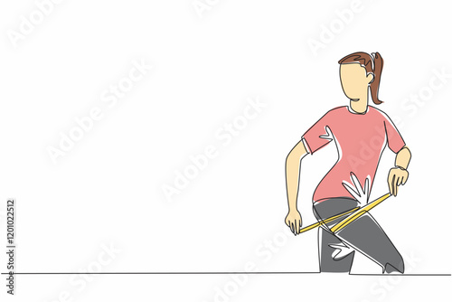 Single continuous line drawing a woman shaves her thighs with a measuring tape wrapped around her thighs. Exercises to tone thigh muscles. Love Your Thighs Day. One line design vector illustration