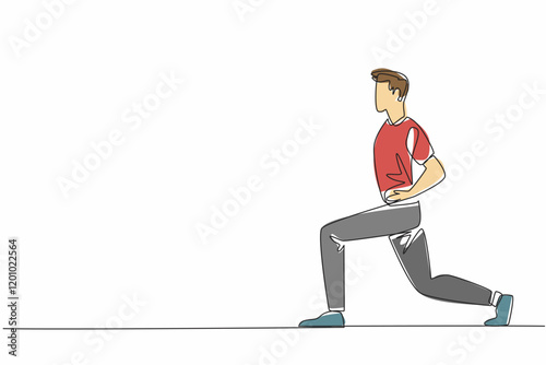 Continuous one line drawing man doing exercise by holding waist. Stretching. Avoid stiffness or cramps in the thighs during exercise. Love Your Thighs Day. Single line draw design vector illustration