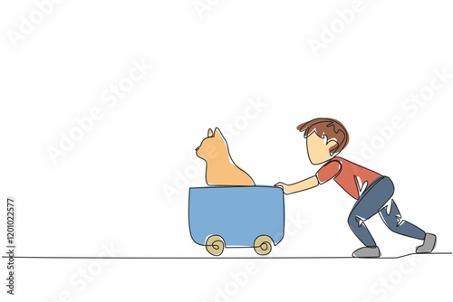 Single continuous line drawing the boy wearing shoes pushing wooden box cart containing cat. Shopping game with pets. Play all day. National Kids and Pets Day. One line design vector illustration