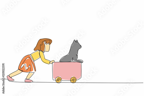 Continuous one line drawing girl wearing shoes pushing wooden box cart containing cat. Weekend is time for friendship with cats. National Kids and Pets Day. Single line draw design vector illustration