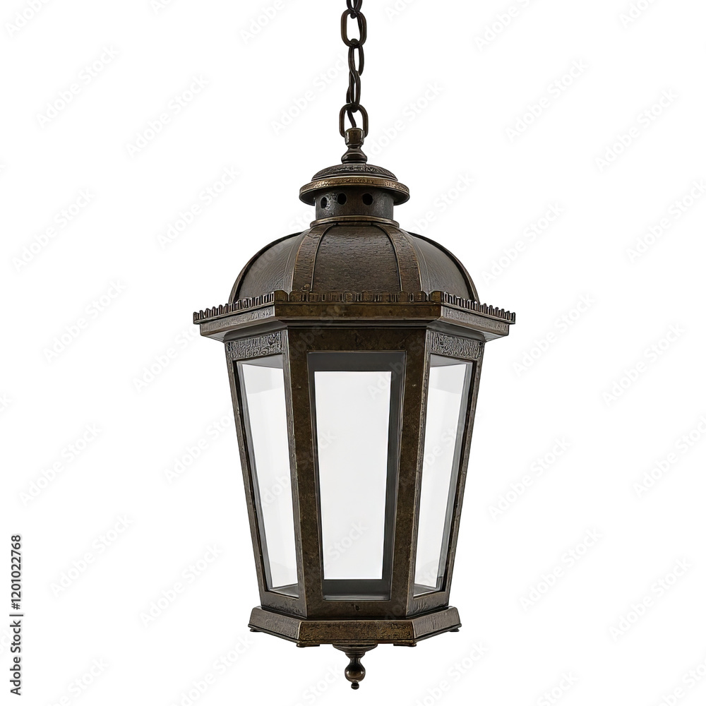 Hanging metal light fixture with clear glass on transparent background