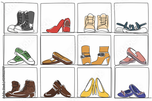 Single continuous line drawing shoe cabinet with compartments filled with various types of shoes. Shoe collection with various purposes. Neat. Get Organized Day. One line design vector illustration