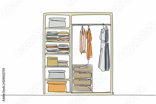 Continuous one line drawing wardrobe with several compartments containing piles of clothes and boxes. Walk in closet in corner of room. Get Organized Day. Single line draw design vector illustration