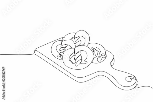 Single one line drawing pretzels are stacked on a thick wooden cutting board. Fresh from the oven. Cool before wrapping. Delicious. National Pretzel Day. Continuous line design graphic illustration