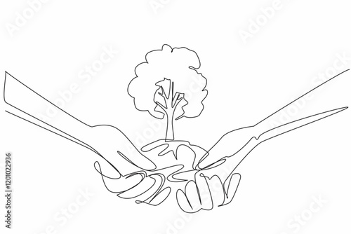 Continuous one line drawing hands stacked on top of each other to support a tree with a mound of earth. Working together to plant trees. National Arbor Day. Single line draw design vector illustration