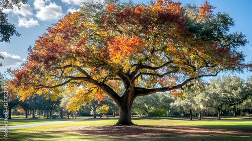 Majestic Autumn Oak Tree In A Sunny Park