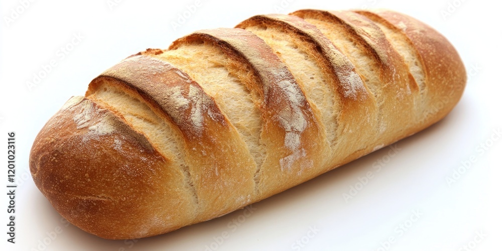 Golden crusty loaf of bread with visible scoring on a white background showcasing texture and freshness in a warm natural light setting Golden crusty loaf of bread with visible scoring on a white background showcasing texture and freshness in a warm natural light setting