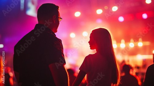 A family member asking a security officer at a concert venue for help with locating a lost child, discussing safety protocols for children at events. photo