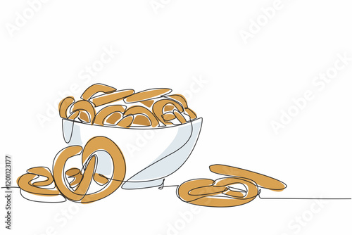 Single one line drawing pile of pretzels are in a bowl and some are scattered. Enjoying a variety of elegant sweet cakes. Delicious. National Pretzel Day. Continuous line design graphic illustration