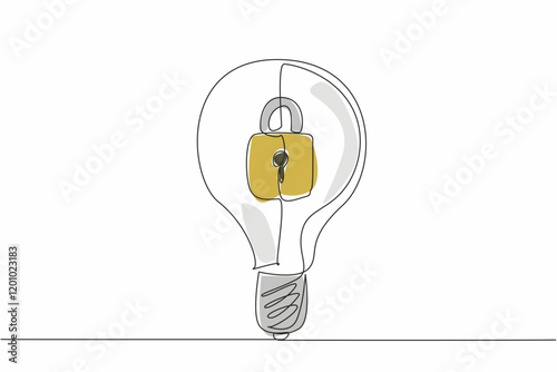 Continuous one line drawing a light bulb with a padlock inside. The brilliance of an idea that no one else can claim. World Intellectual Property Day. Single line draw design vector illustration