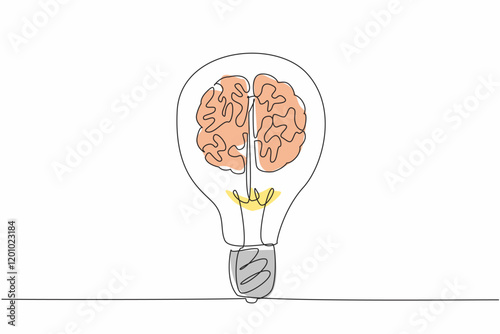 Single continuous line drawing the light bulb with a brain symbol in it. Brilliance of thinking produces innovative solutions. World Intellectual Property Day. One line design vector illustration