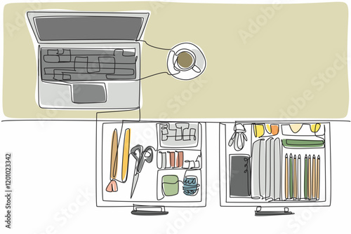 Continuous one line drawing work desk with open drawers and various contents. A tidy workspace always creates enthusiasm. Spirit at work. Get Organized Day. Single line draw design vector illustration