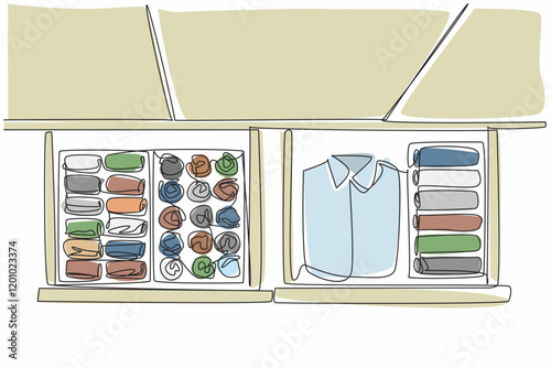 Continuous one line drawing wardrobe drawer opened and inside there are clothes of woman. Very well arranged and organized. Neatness. Get Organized Day. Single line draw design vector illustration