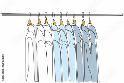 Single continuous line drawing clothes hanger with several shirts of various colors hanging. Ironed, ready to wear. Hang it there are no creases. Get Organized Day. One line design vector illustration