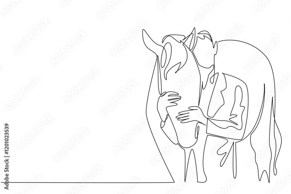 Continuous one line drawing male veterinarian hugging horse head. Gently stroke the head before performing the check. Profession. National Help A Horse Day. Single line draw design vector illustration Continuous one line drawing male veterinarian hugging horse head. Gently stroke the head before performing the check. Profession. National Help A Horse Day. Single line draw design vector illustration