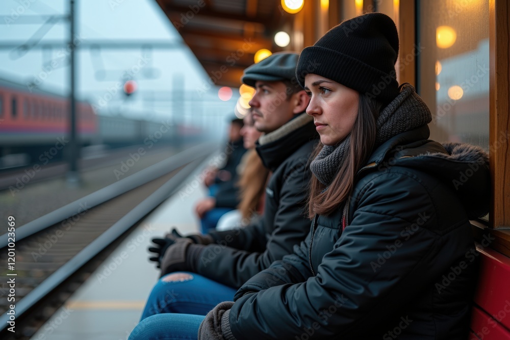 Fototapeta premium Contemplative Travelers Waiting at a Train Station
