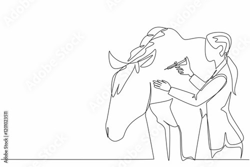 Single one line drawing female veterinarian is injecting a horse in the neck. Injecting multivitamins for a speedy recovery. National Help A Horse Day. Continuous line design graphic illustration