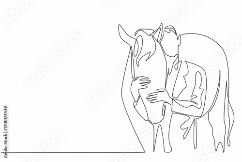 Continuous one line drawing male veterinarian hugging horse head. Gently stroke the head before performing the check. Profession. National Help A Horse Day. Single line draw design vector illustration