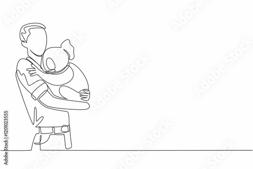 Single continuous line drawing a man in casual clothes carrying a koala. a man in casual clothes carrying a koala. Pampering with humans. Hug an Australian Day. One line design vector illustration
