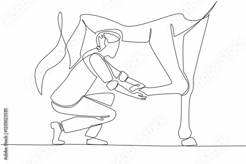 Single one line drawing female veterinarian examining leg of horse. Performing a check because the horse is limping. Profession. National Help A Horse Day. Continuous line design graphic illustration