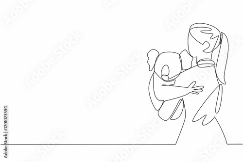 Continuous one line drawing a woman in casual clothes is holding a koala. Cute and adorable tame animals. Capture holiday moments. Hug an Australian Day. Single line draw design vector illustration