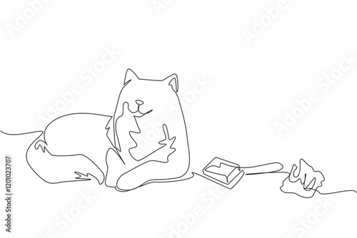Single one line drawing cat lying down with fur and hairball. Regular maintenance prevents health problems. Blockage. National Hairball Awareness Day. Continuous line design graphic illustration