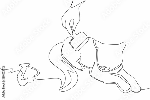 Continuous one line drawing the cat being combed by a fur brush. Prevention of swallowed hairballs. Take care with care. National Hairball Awareness Day. Single line draw design vector illustration