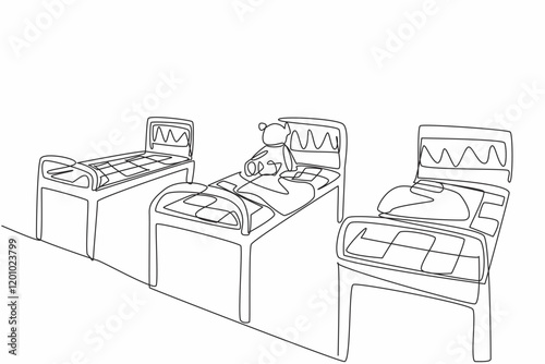 Single continuous line drawing old room with iron beds lined up and a broken doll. A room abandoned by tragedy. Gripping. International Chernobyl Remembrance Day. One line design vector illustration