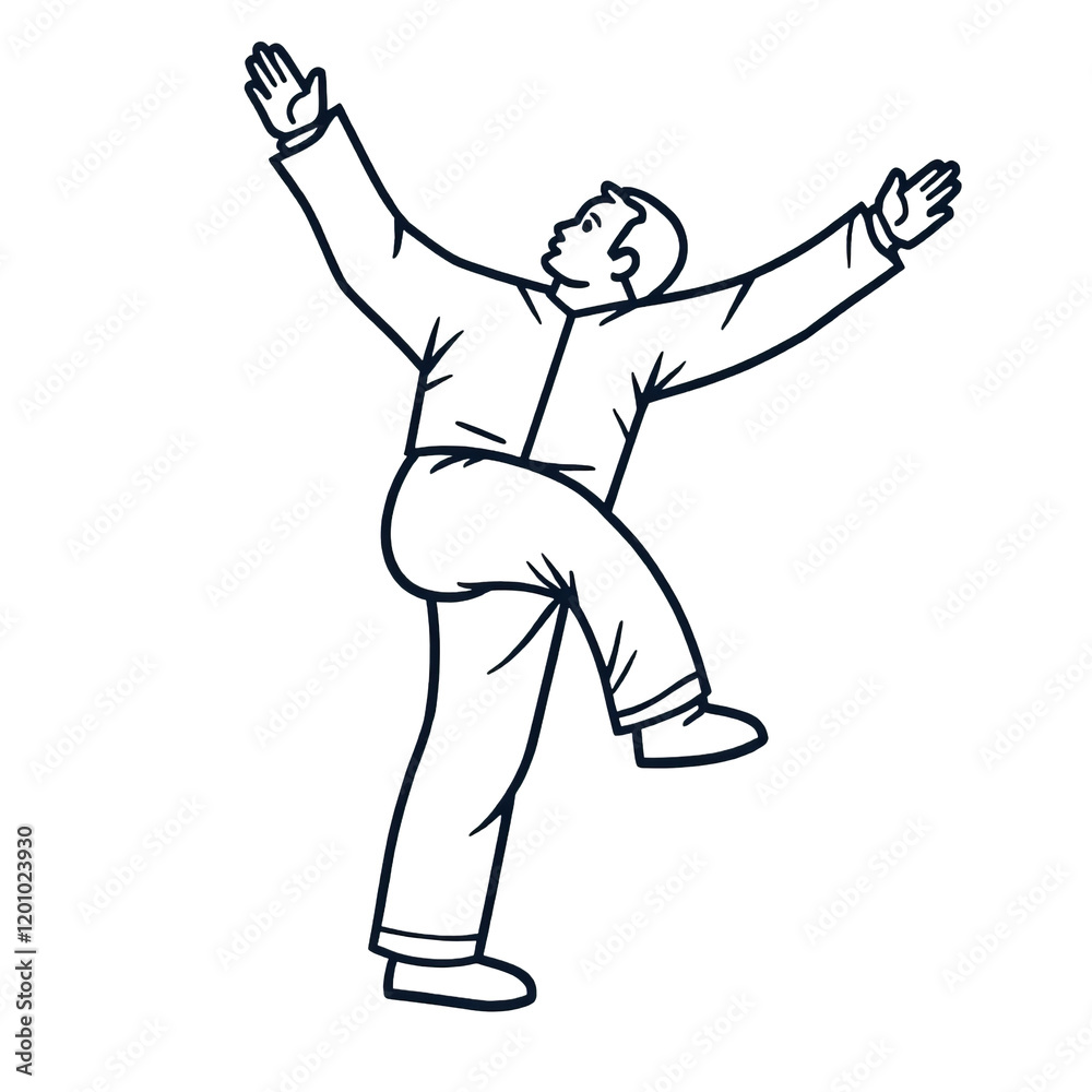 Line drawing of person with arms raised and one leg lifted on transparent background Line drawing of person with arms raised and one leg lifted on transparent background