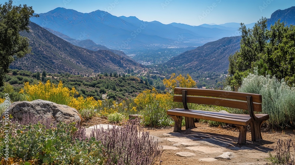 A serene mountain overlook with a wooden bench and a breathtaking view of the valley below A serene mountain overlook with a wooden bench and a breathtaking view of the valley below