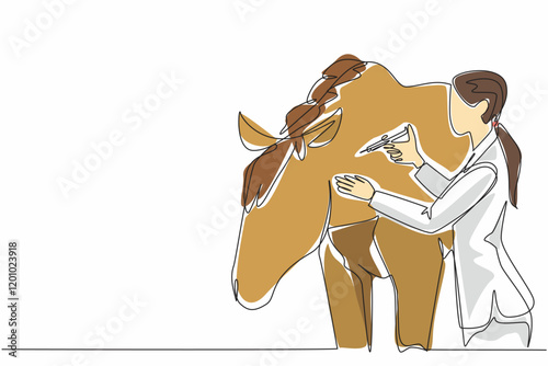 Single one line drawing female veterinarian is injecting a horse in the neck. Injecting multivitamins for a speedy recovery. National Help A Horse Day. Continuous line design graphic illustration