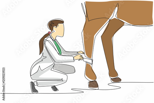 Single continuous line drawing a leg of horse is being bandaged by crouching female veterinarian. Done carefully. Fear of going berserk. National Help A Horse Day. One line design vector illustration