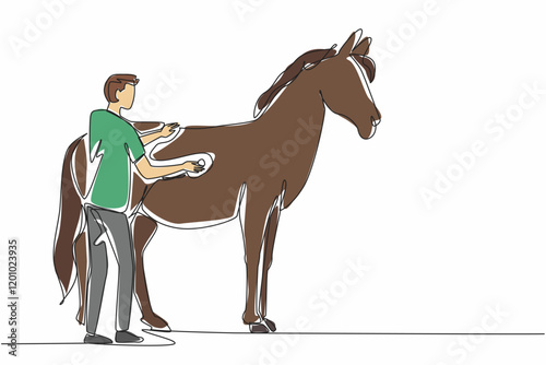 Continuous one line drawing a horse being examined using a stethoscope on its abdomen. Make sure there are no wounds inside. National Help A Horse Day. Single line draw design vector illustration