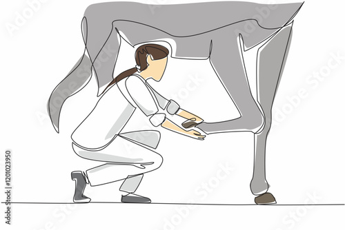 Single one line drawing female veterinarian examining leg of horse. Performing a check because the horse is limping. Profession. National Help A Horse Day. Continuous line design graphic illustration